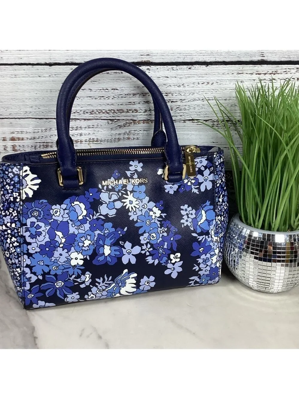 Michael Kors Kellen Blue hand bag Satchel with Floral Design Crossbody Purse guc